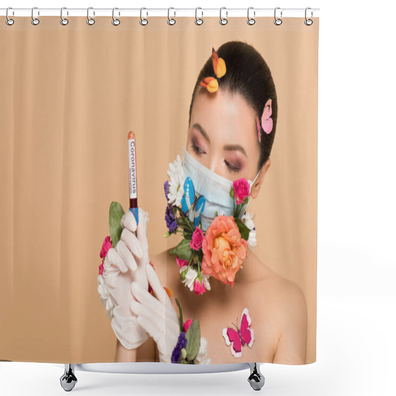 Personality  Attractive Nude Asian Girl In Latex Gloves And Floral Face Mask With Butterflies Holding Coronavirus Blood Test Isolated On Beige Shower Curtains