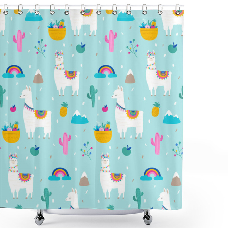 Personality  Llama, Alpaca, Cactuses And Leaves Seamless Pattern Shower Curtains