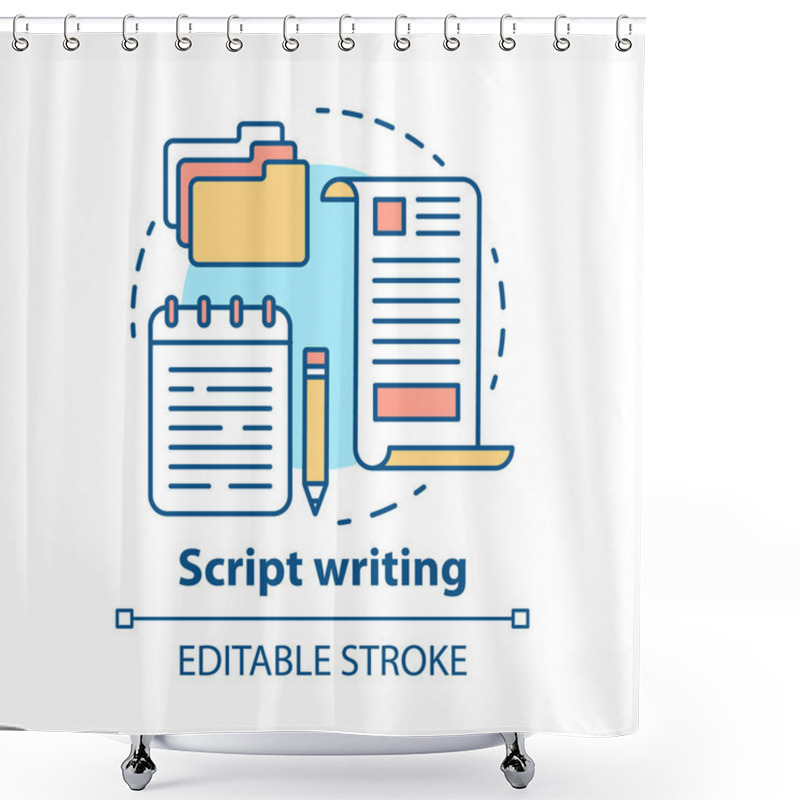 Personality  Script Writing Concept Icon. Screenwriting, Scriptwriting. Copywriting Idea Thin Line Illustration. Content Creating. Article, Essay Writing. Vector Isolated Outline Drawing. Editable Stroke Shower Curtains