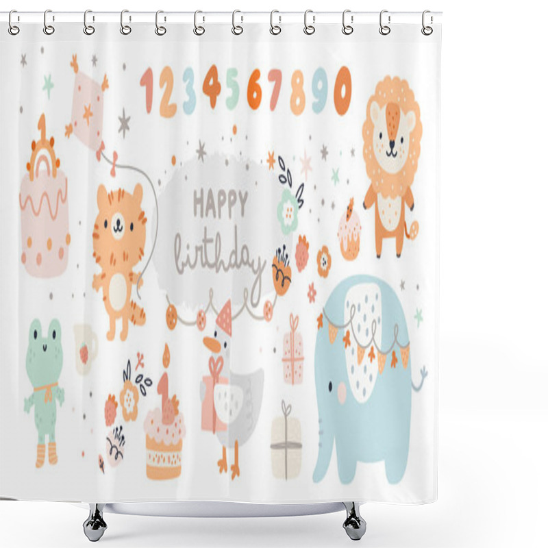 Personality  Happy Birthday Collection With Cartoon Animals. Baby Shower Celebration Design Elements: Rainbow, Cartoon Animals, Cakes, Flowers. Ideal For Kids Cards, Poster, Prints, Anniversary, Invitation Shower Curtains