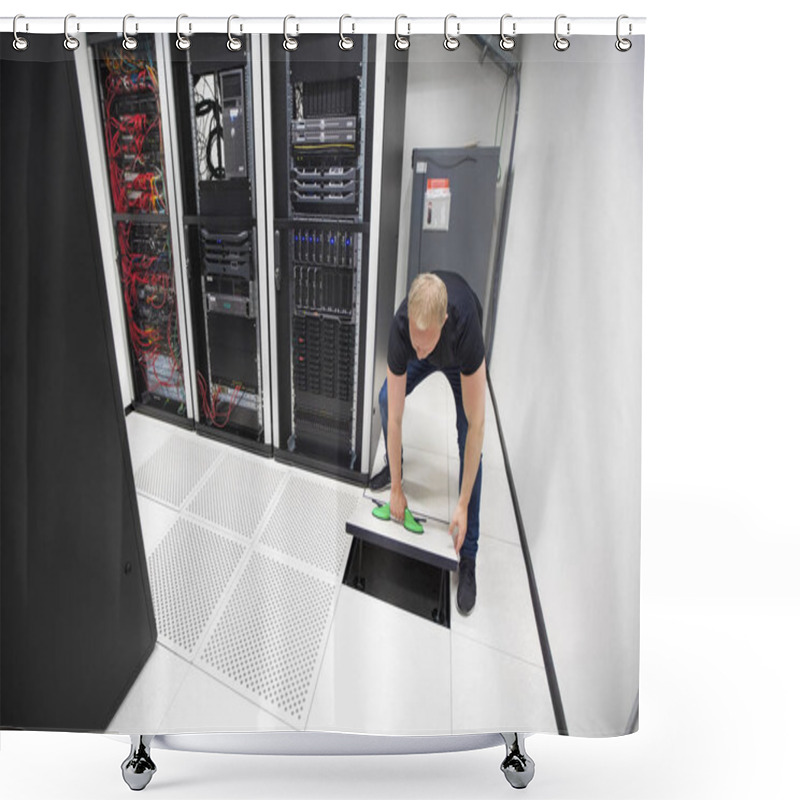 Personality  IT Engineer Lifting Floor Tile Using Suction Cups In Datacenter Shower Curtains