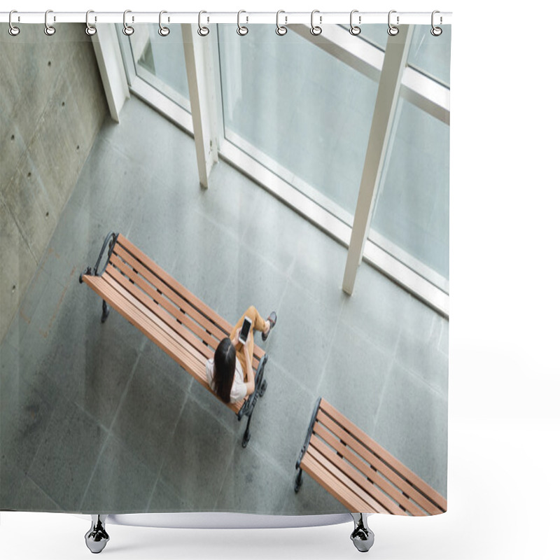 Personality  Woman On Bench Using Smartphone Shower Curtains