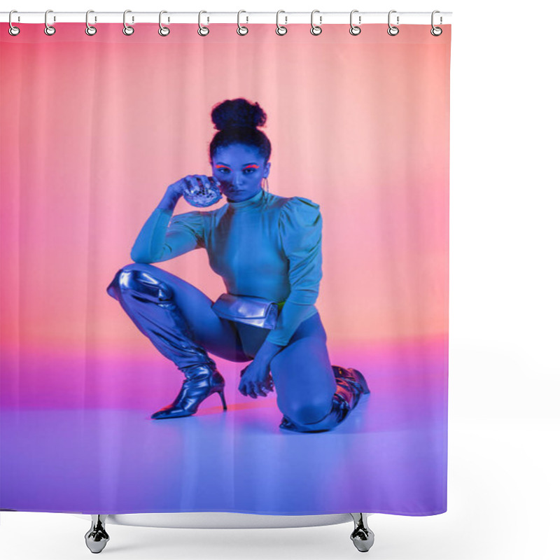 Personality  Trendy African American Woman With Neon Visage Holding Disco Balls On Pink And Purple Background Shower Curtains