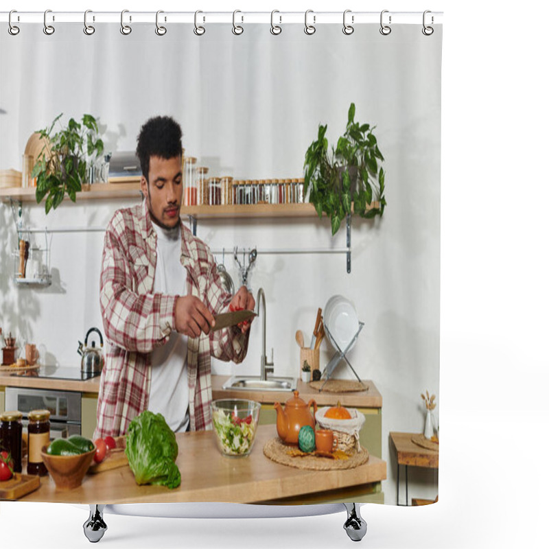 Personality  A Young Man Skillfully Chops Vegetables While Making A Healthy Salad In A Bright Kitchen. Shower Curtains