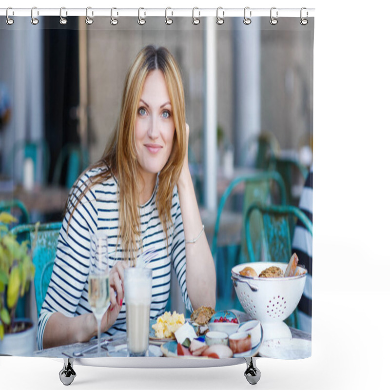 Personality  Young Woman Having Healthy Breakfast In Outdoor Cafe Shower Curtains