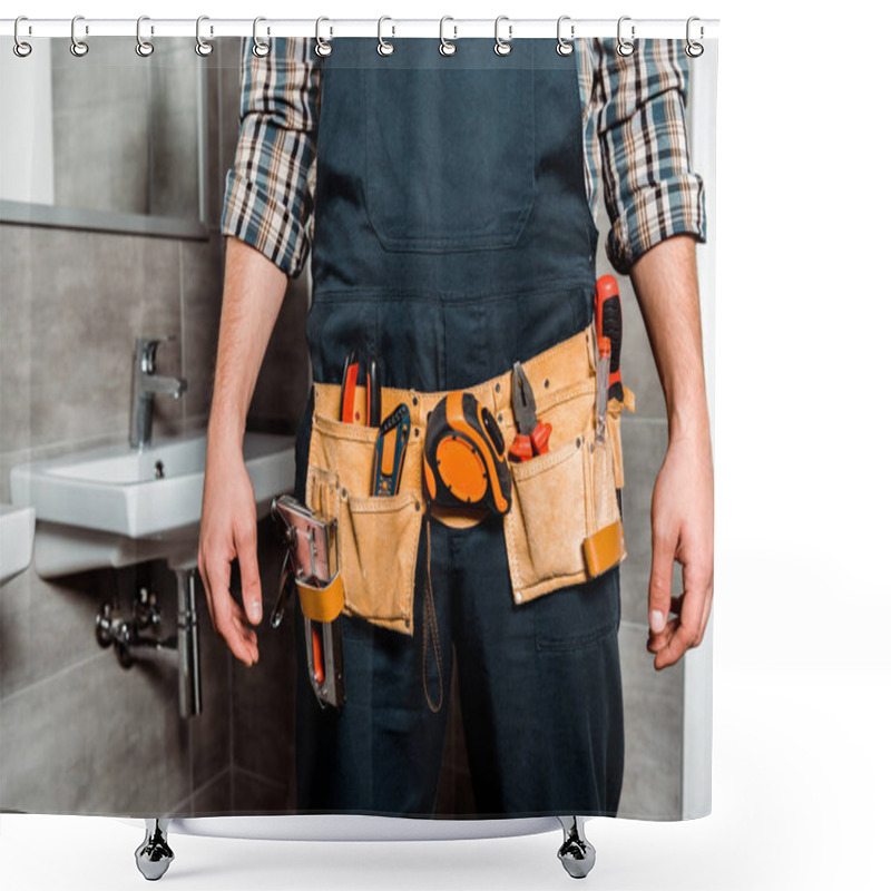 Personality  Cropped View Of Installer With Tool Belt Standing In Bathroom  Shower Curtains