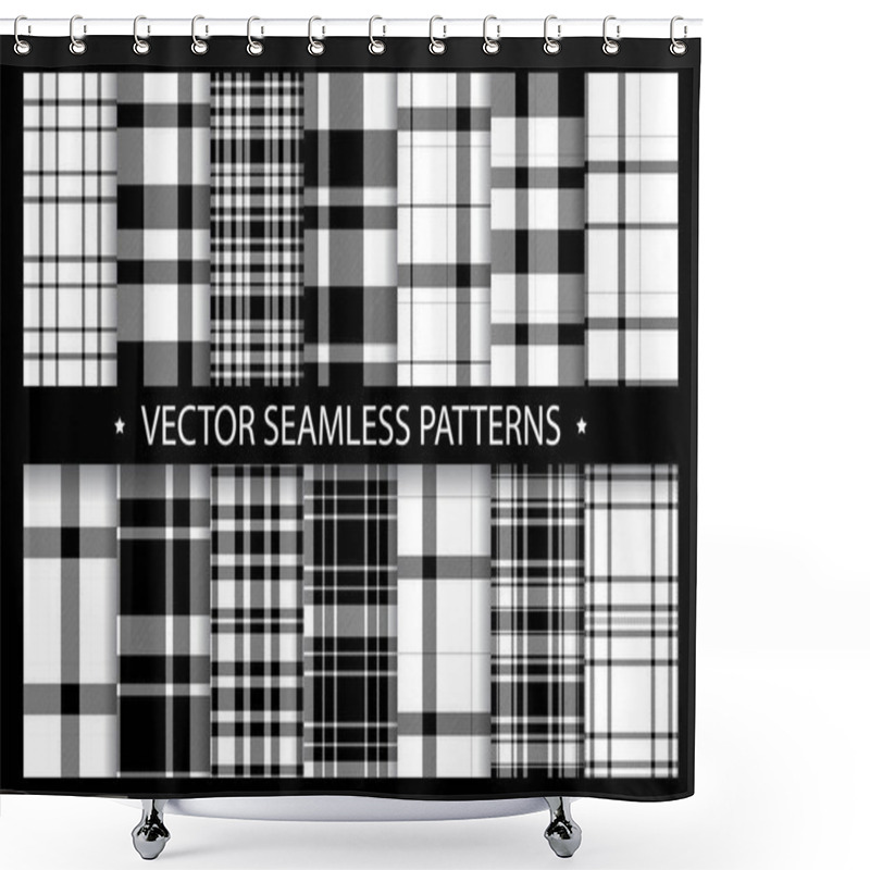 Personality  Plaid Pattern Seamless Ornate. Set Black White Vector Background Shower Curtains