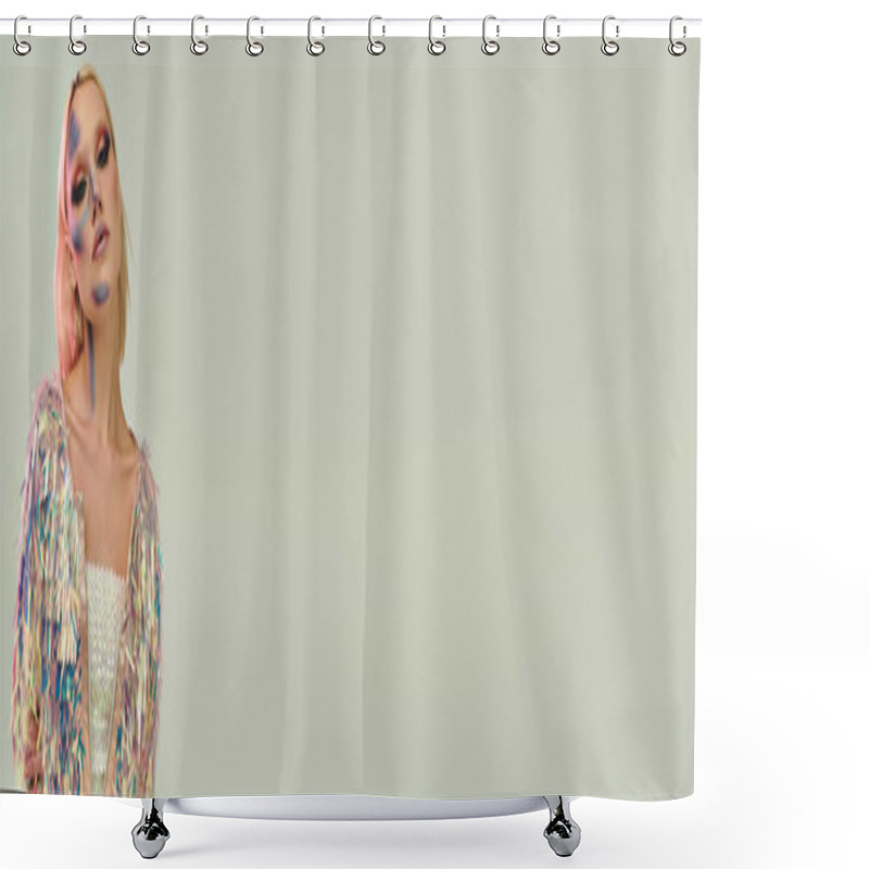 Personality  A Young Woman Showcases A Trendy Outfit With Shimmering Holographic Details. Shower Curtains