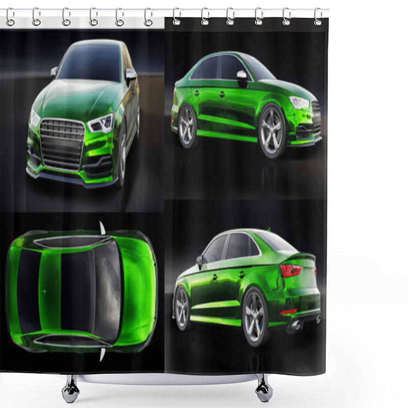 Personality  3d Illustration. Super Fast Sports Car On A White Background. Body Shape Sedan. Tuning Is A Version Of An Ordinary Family Car. 3d Rendering Shower Curtains