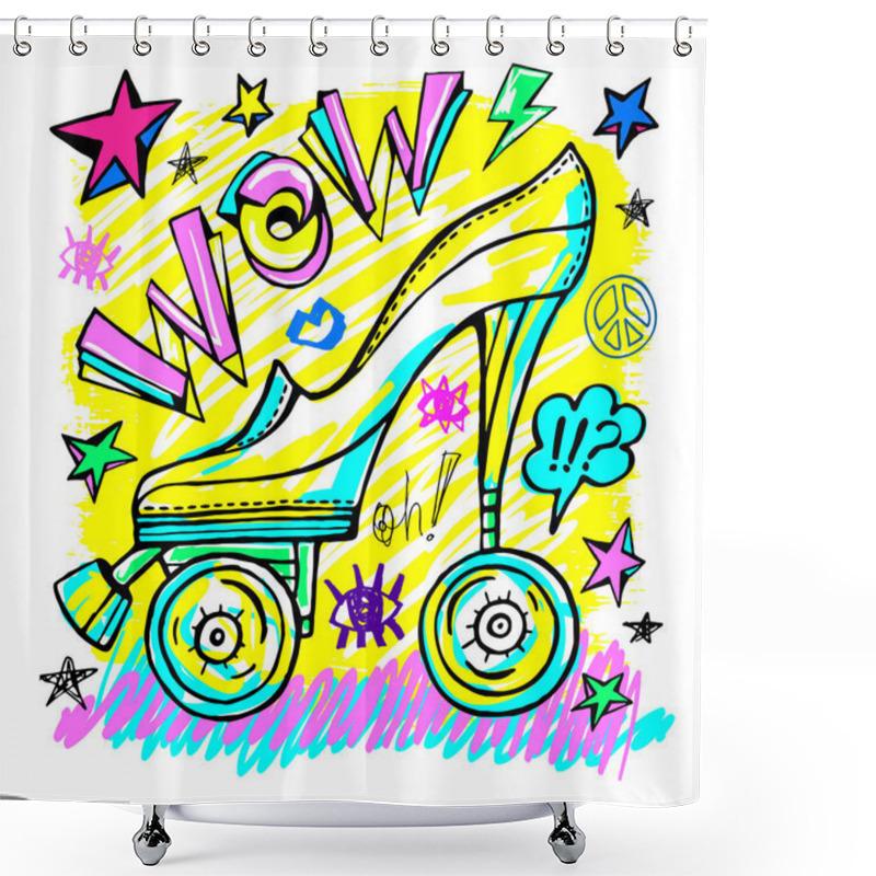 Personality  Wow Rollers Skates Girls Trendy Shoes, High Heel, Sport Slogan Lettering. Color Pencil, Marker, Ink, Pen Doodles Sketch Style. Hand Drawn Illustration Vector. Shower Curtains