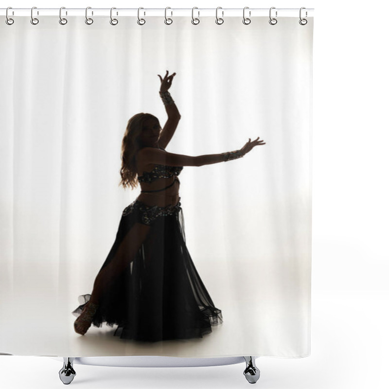 Personality  A Captivating Young Woman In A Black Dress Swirls Gracefully While Performing A Belly Dance. Shower Curtains