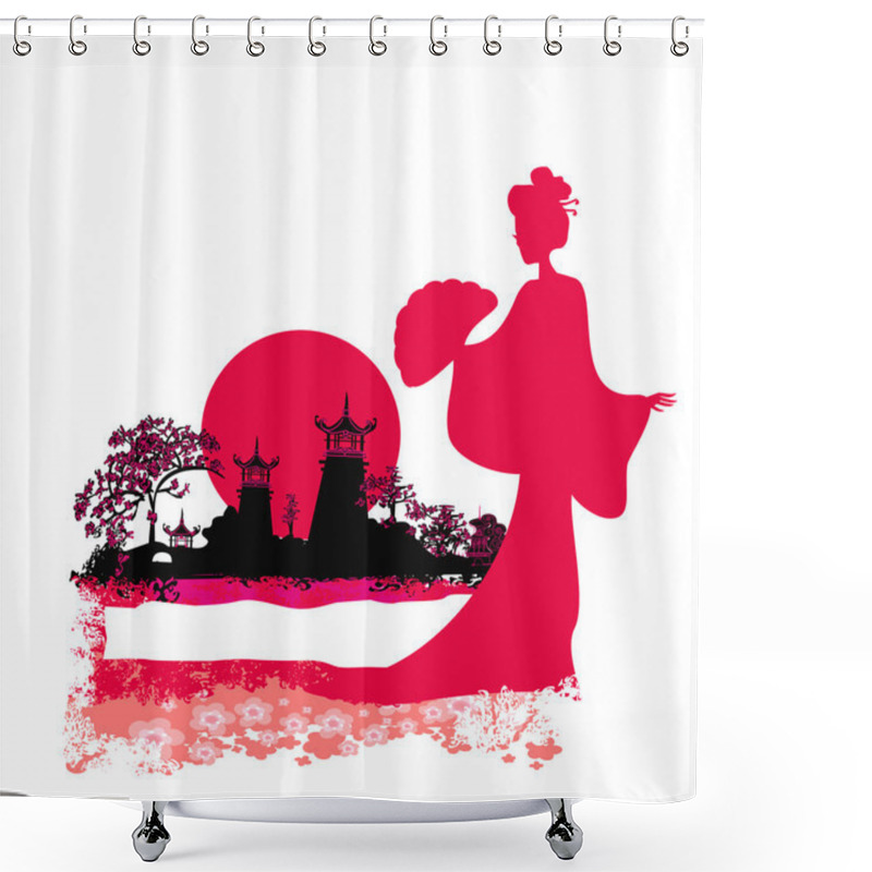 Personality  Abstract Asian Landscape And Beautiful Asian Girl Shower Curtains