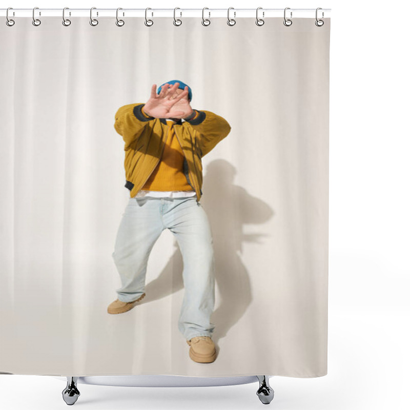 Personality  A Young Man With Vibrant Tattoos Strikes A Playful Pose While Wearing A Colorful Jacket. Shower Curtains