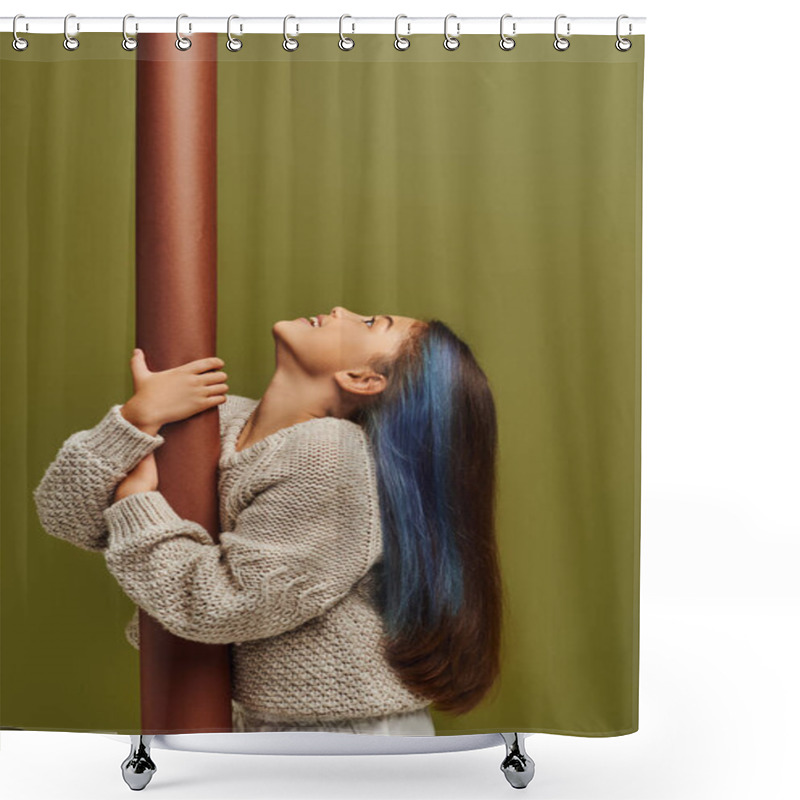 Personality  Side View Of Smiling And Trendy Preadolescent Girl In Autumn Knitted Sweater Holding Rolled Paper And Looking Away While Standing Isolated On Green, Girl Radiating Autumn Vibes Concept Shower Curtains