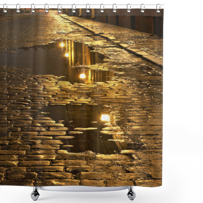 Personality  Puddles With The Reflection Of Lanterns On An Old Brick-paved European Street Shower Curtains