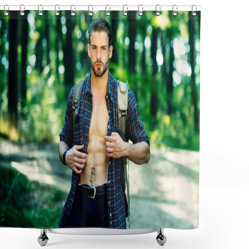 Personality  Tourist With Backpack Traveling In Nature. Adventure, Travel, Tourism, Hike And People Concept. Shower Curtains