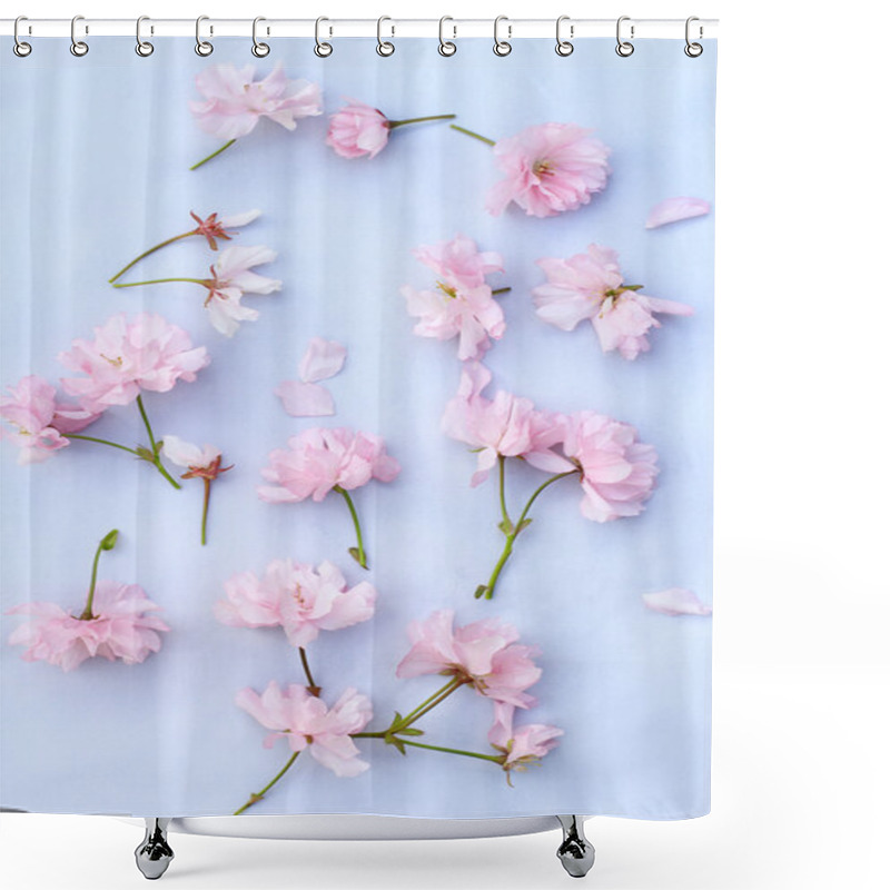 Personality  Beautiful, Romantic Background With Pink Cherry Blossom And Bluebells Shower Curtains