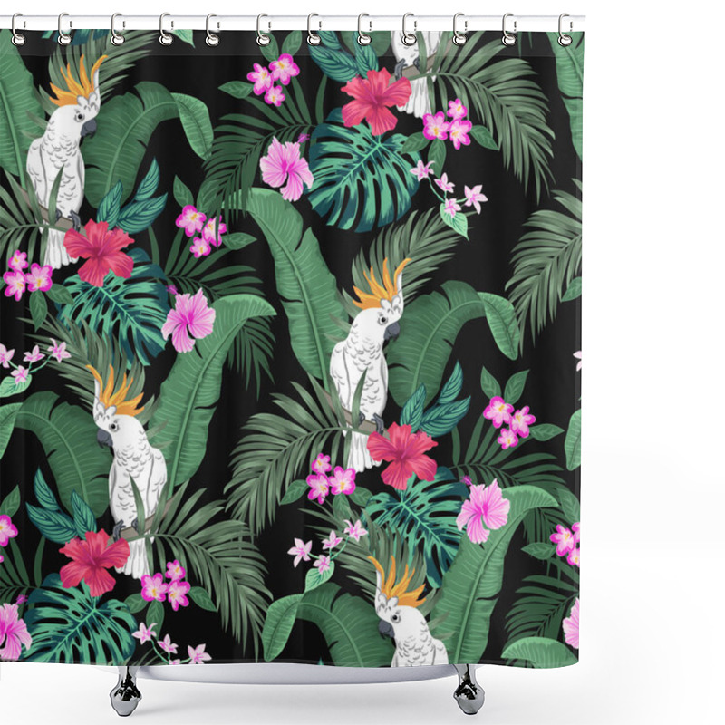 Personality  Vector Seamless Botanical Tropical Pattern With Parrots And Flowers. Floral Exotic Background Design With Banana Leaf, Areca Palm Leaves, Monstera Leaves, Hibiscus Flowers, Frangipani. Shower Curtains