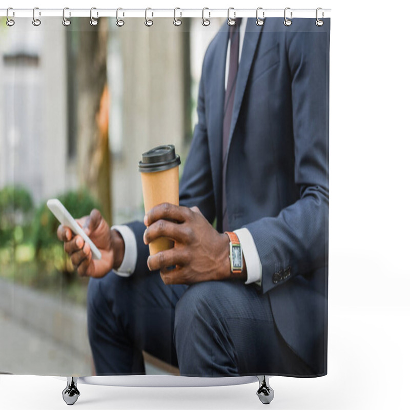 Personality  Cropped View Of African American Businessman Using Mobile Phone And Holding Coffee To Go Outside  Shower Curtains