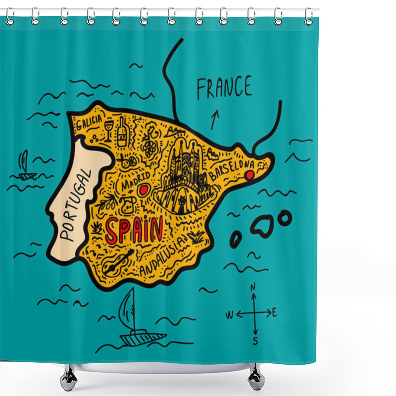 Personality  Spain Sightseeing Map Of Europe. Beautiful Map With Landmarks For Travel, Tourist Trips. Poster Maps For Europe Tourism. Shower Curtains