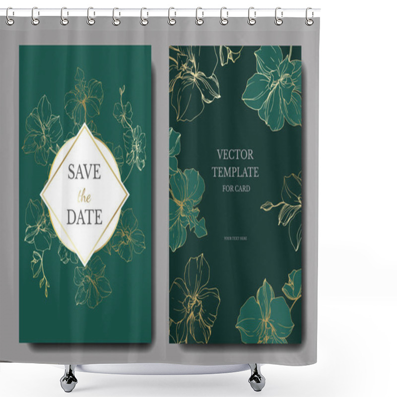 Personality  Vector Golden Orchids Isolated On Green. Invitation Cards With Save The Date Lettering Shower Curtains