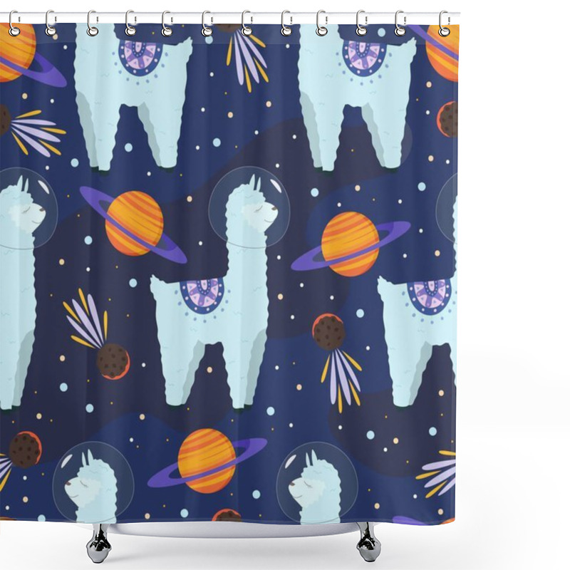 Personality  Space Seamless Pattern With Cute Animals, Planets And Comets. Vector Cartoon Cosmos Illustration With Llamas Or Alpaca. Colorful Childish Design For Wallpaper, Textile. Shower Curtains