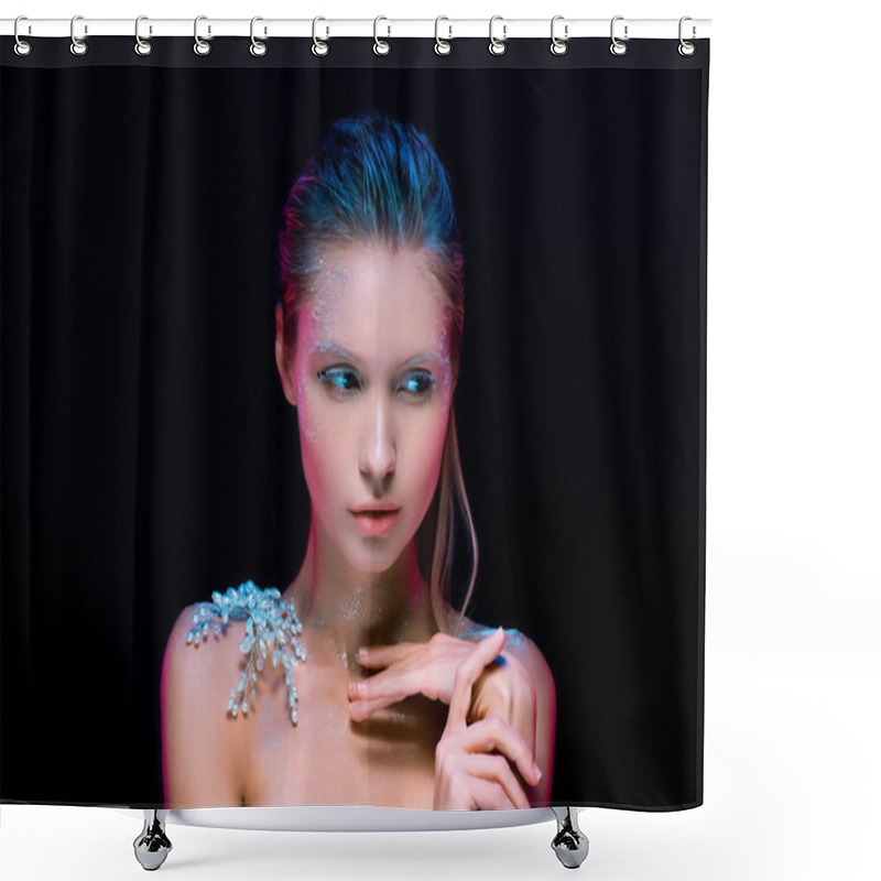 Personality  Portrait Of Young Woman With  Winter Make Up Isolated On Black Shower Curtains