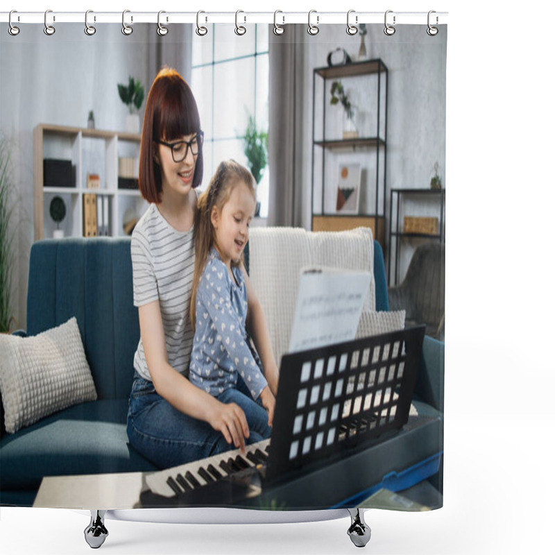 Personality  Portrait Of Caucasian Woman And Her Cute Little Daughter Learning To Play Piano At Home. Teacher Teaching Pretty Girl To Play Piano In Classroom. Shower Curtains