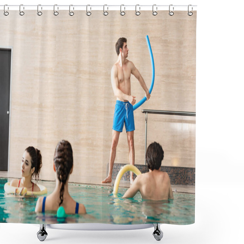 Personality  Selective Focus Of Trainer Holding Pool Noodle While Exercising With People In Swimming Pool Shower Curtains