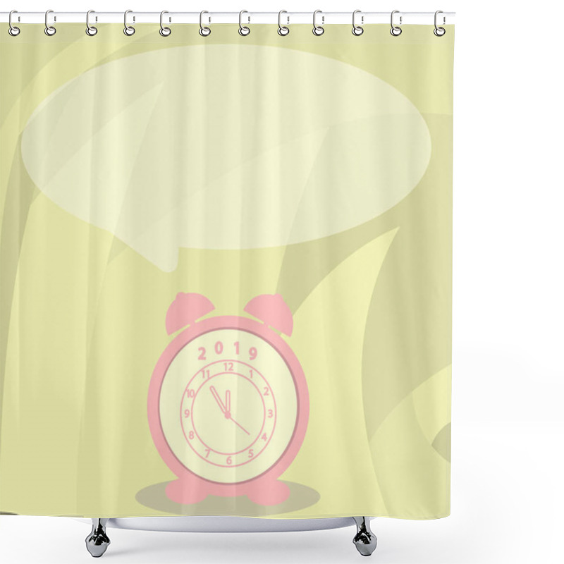 Personality  Round Shape Blank Speech Bubble And Analog Alarm Clock In Pastel Shade. Pale Color Text Balloon And Table Timepiece Ringer With Year 2019. Creative Idea For Schedules And Reminder. Shower Curtains