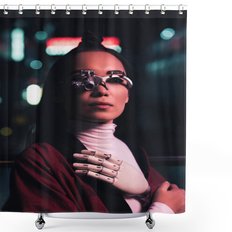 Personality  Attractive Asian Girl With Futuristic Arm And Eye Prosthesis Looking At Camera On Street In Evening, City Of Future Concept Shower Curtains