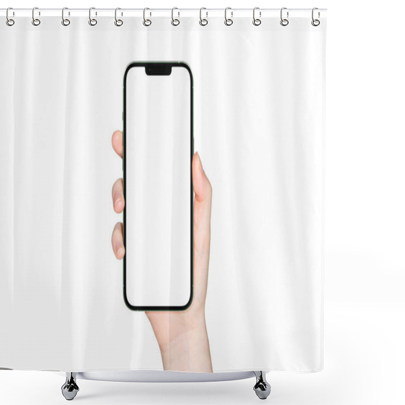 Personality  PARIS - France - April 28, 2022: Newly Released Apple Smartphone Iphone 13 Pro Max Realistic 3d Rendering - Alpine Green Color Front Screen Mockup - Woman Hand Holding Smartphone On White Backgroun Shower Curtains