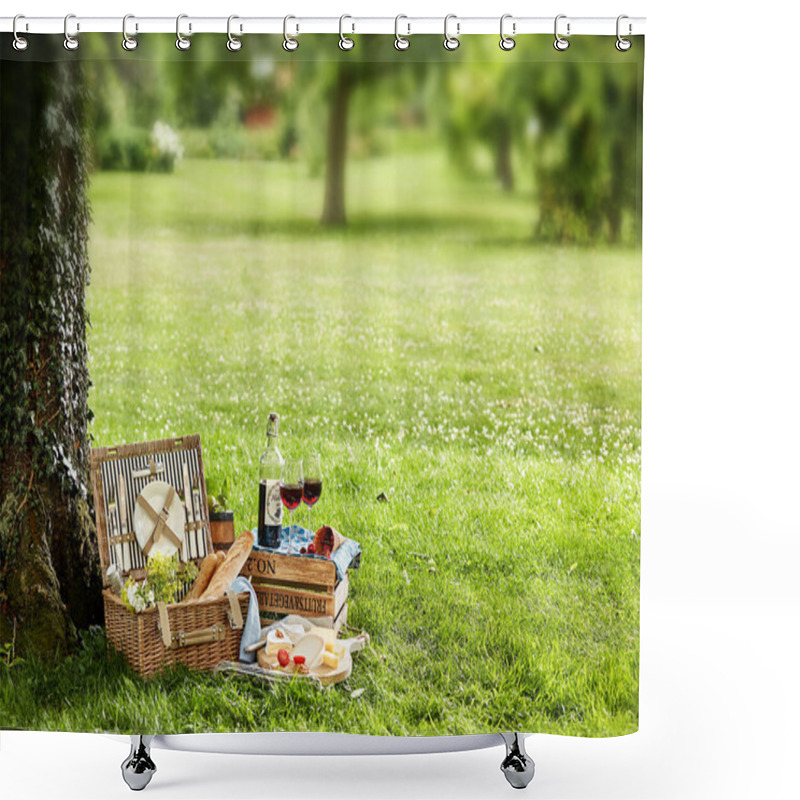 Personality  Picnic Hamper Under Tree In Green Field With Bottle And Glasses Of Wine. Shower Curtains