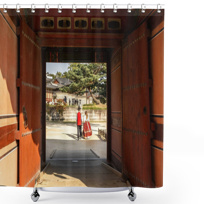 Personality  Couple Wearing Traditional Korean Costume Hanbok At Deoksugung Palace In Seoul South Korea Shower Curtains