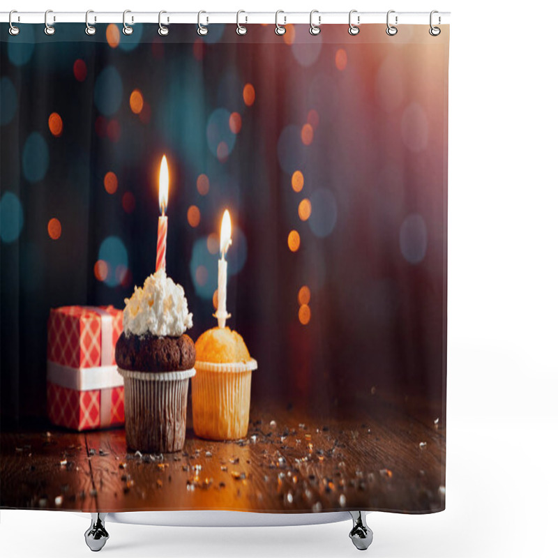 Personality  Creative Background, Cupcake With Candles, Beautiful Bokeh. Happy Birthday. Present. Concept For Holiday Card, Flyer, Background. Copy Space Shower Curtains