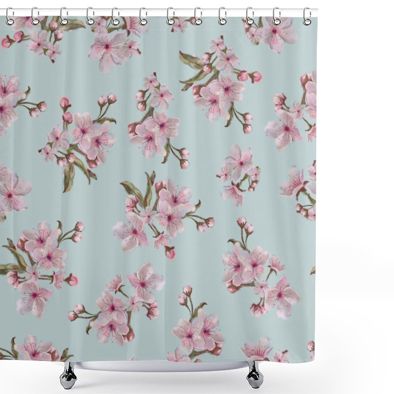 Personality  Sakura Inflorescence Seamless Pattern Isolated On Blue Background. Pink Spring Floral Rapport For Background, Print, And Textile. Shower Curtains