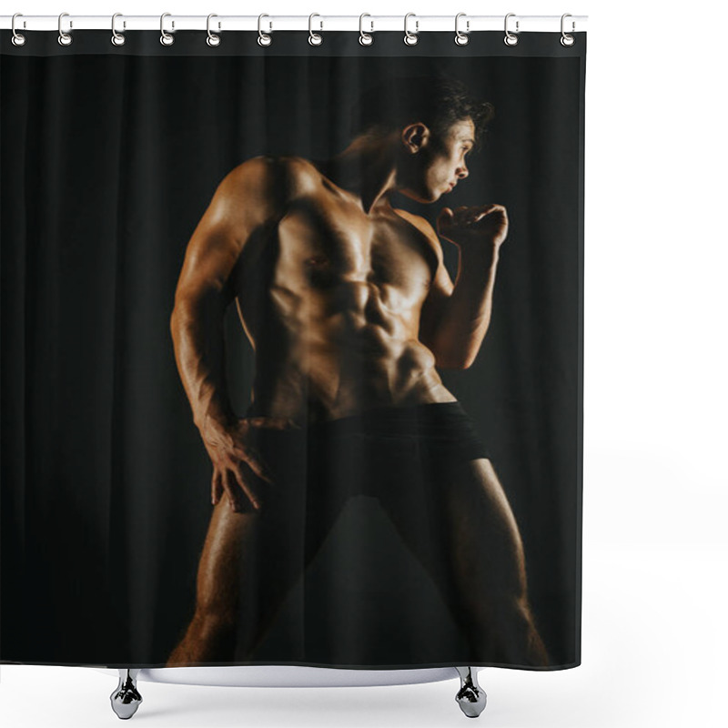 Personality  Muscular Man Striking A Pose In A Dark Studio Setting, With Dramatic Lighting Highlighting His Well-defined Abs And Muscular Build. Shower Curtains