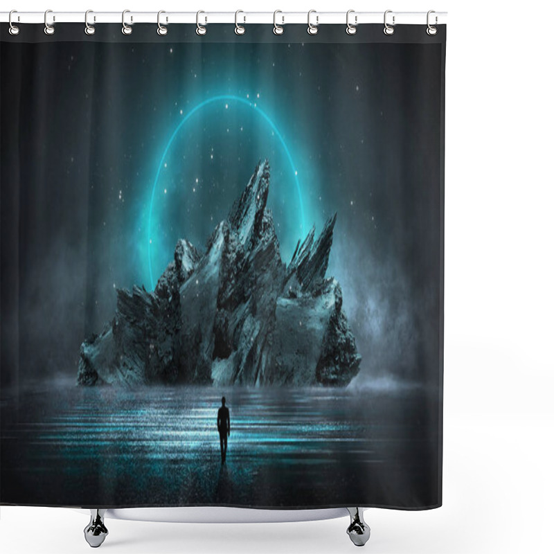 Personality  Futuristic Night Landscape. Dark Forest, River, Mountains, Reflection Of Night, Moonlight On The Water. Dark Abstract Landscape, Neon Light. Shower Curtains