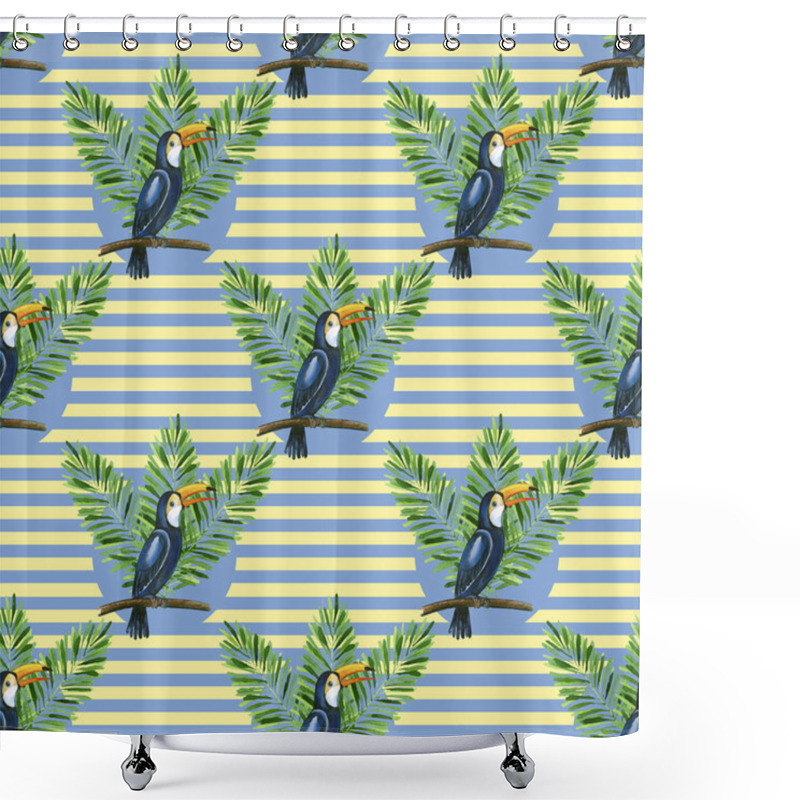 Personality  Toucan And Banana Leaves On The Stiped Background Seamless Patte Shower Curtains