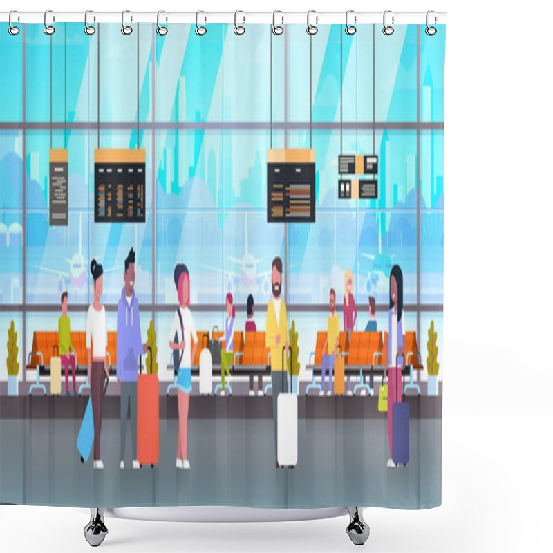 Personality  People In Airport Travelers With Baggage At Waiting Hall Or Departure Lounge Terminal Check In Interior Shower Curtains