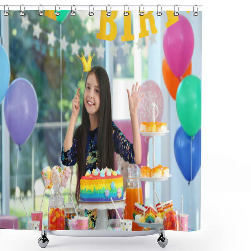 Personality  Happy Girl In Room Decorated For Birthday Party Shower Curtains