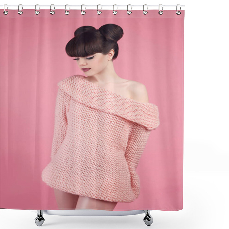 Personality  Beauty Makeup. Fashion Teen Girl Model. Brunette With Matte Lips Shower Curtains