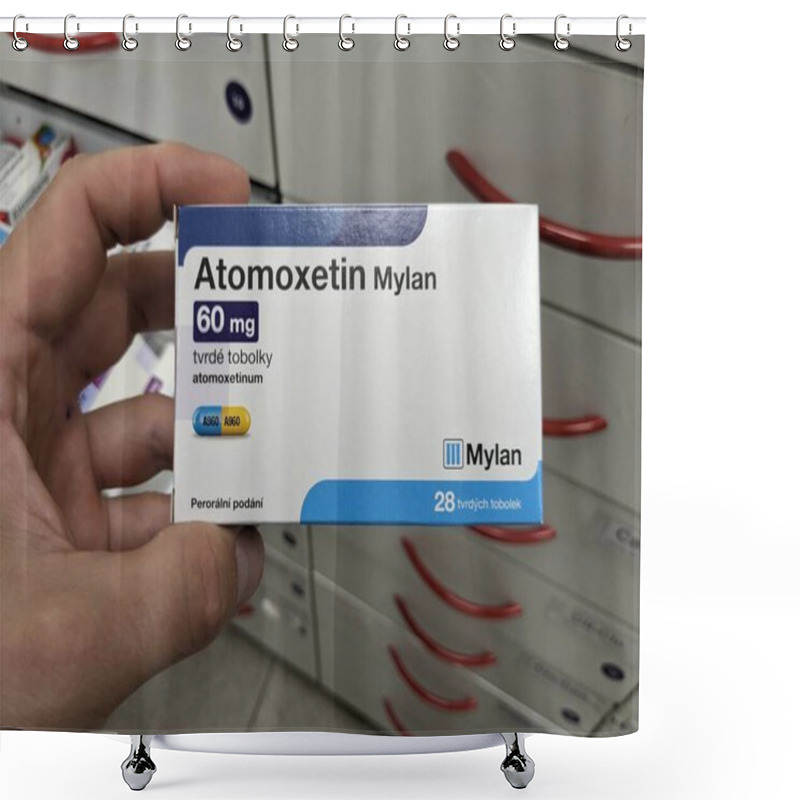 Personality  Prague, Czech Republic - July 9 2024: Atomoxetin Mylan Box Of Medication With Atomoxetine Active Substance By Mylan, Used For Treatment Of ADHD, Attention Deficit Hyperactivity Disorder, Impulse Contr Shower Curtains