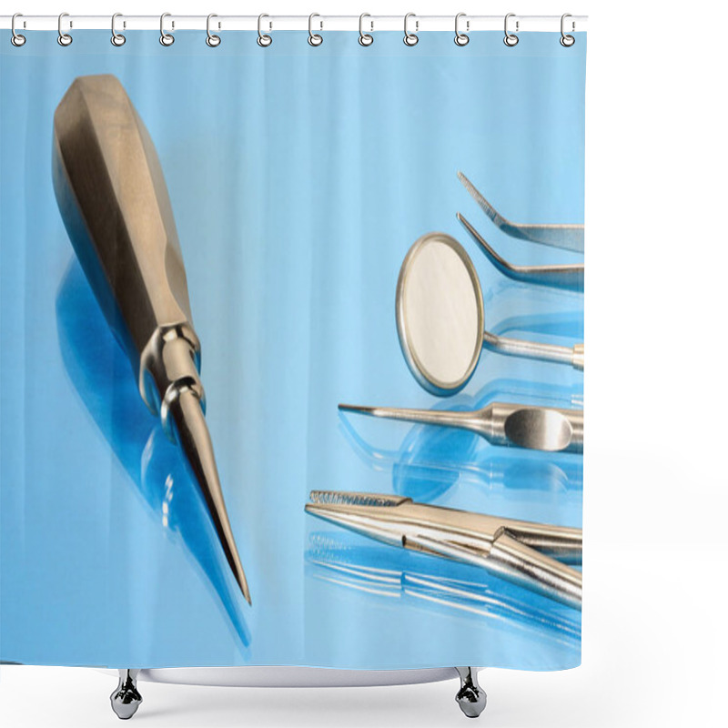 Personality  Dentist Basic Tools And Root Elevator On Blue Glass Table: Dental Mirror, Kornzange, Explorer, Forceps. Dental Therapy And Healthcare Concept. Shower Curtains