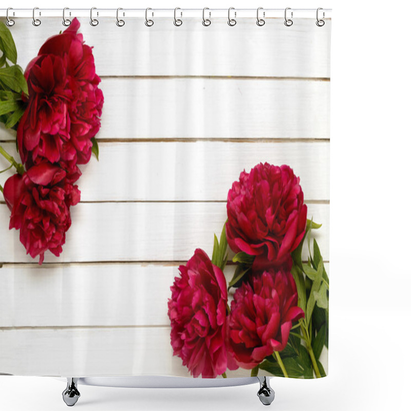 Personality  Burgundy Peonies On The White Wooden Background Shower Curtains