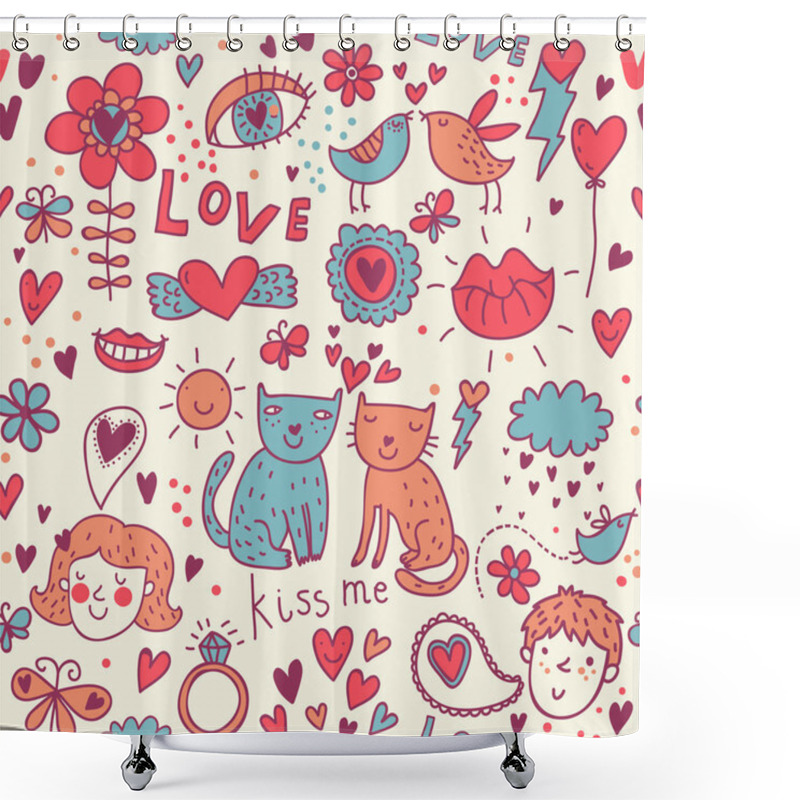 Personality  Cartoon Romantic Seamless Pattern With Kids, Cats And Birds Shower Curtains