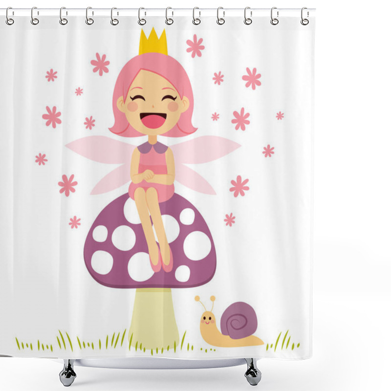 Personality  Cute Little Pink Fairy Sitting On Mushroom And Snail Friend Shower Curtains