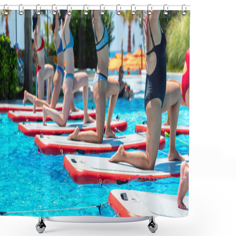 Personality  Close-up View Of People Kneeling On Paddleboards In A Vibrant Sunny Pool, Preparing For Yoga And Balance Exercises. Concept Of Outdoor Wellness, Fitness, And Summer Fun Shower Curtains