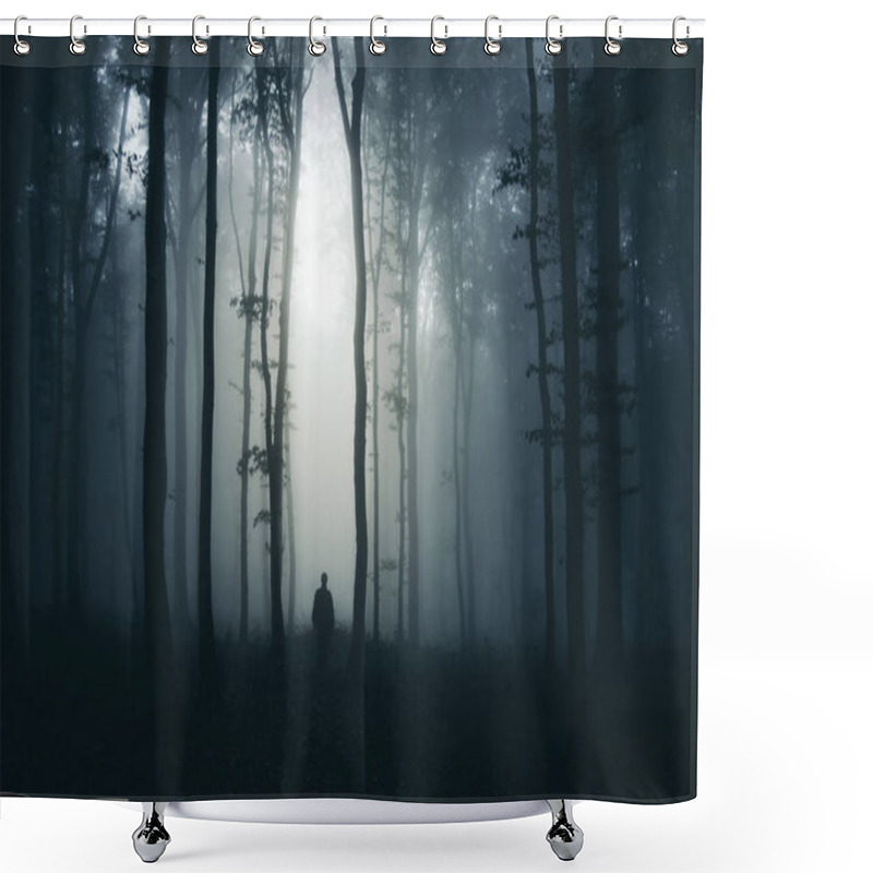 Personality  Shadow In Dark Surreal Forest In Fog, Scary Halloween Atmosphere Shower Curtains