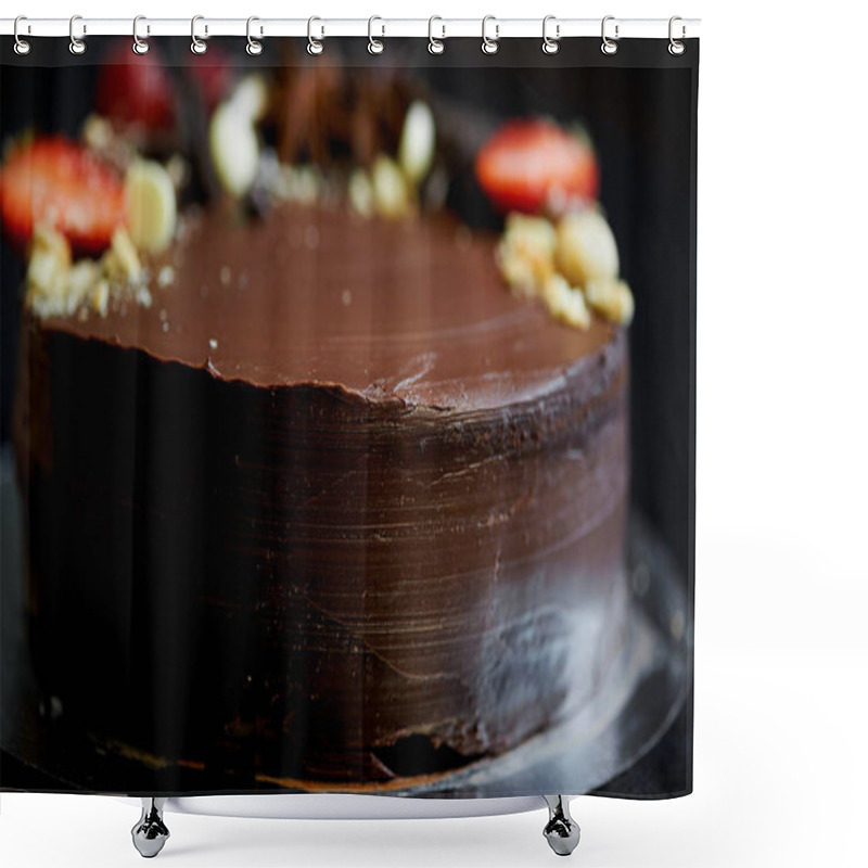 Personality  The Chocolate Cherry Cake, Decorated With Strawberries, Biscuits And Strawberry Shortcake. A Masterpiece Of Culinary Art Shower Curtains